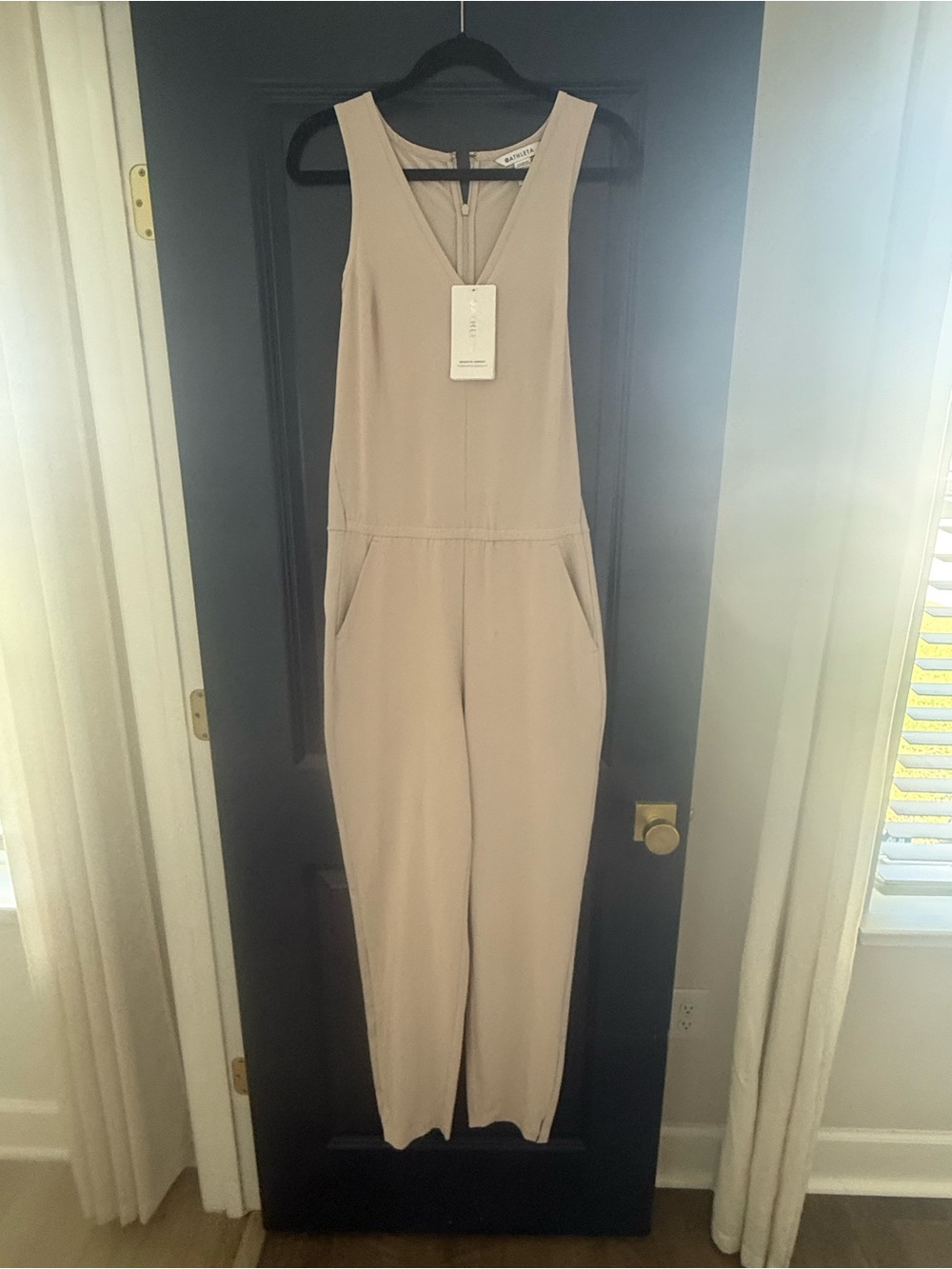 “NEW” Athleta Sleeveless V-Neck Beige Brooklyn Jumpsuit with Pockets